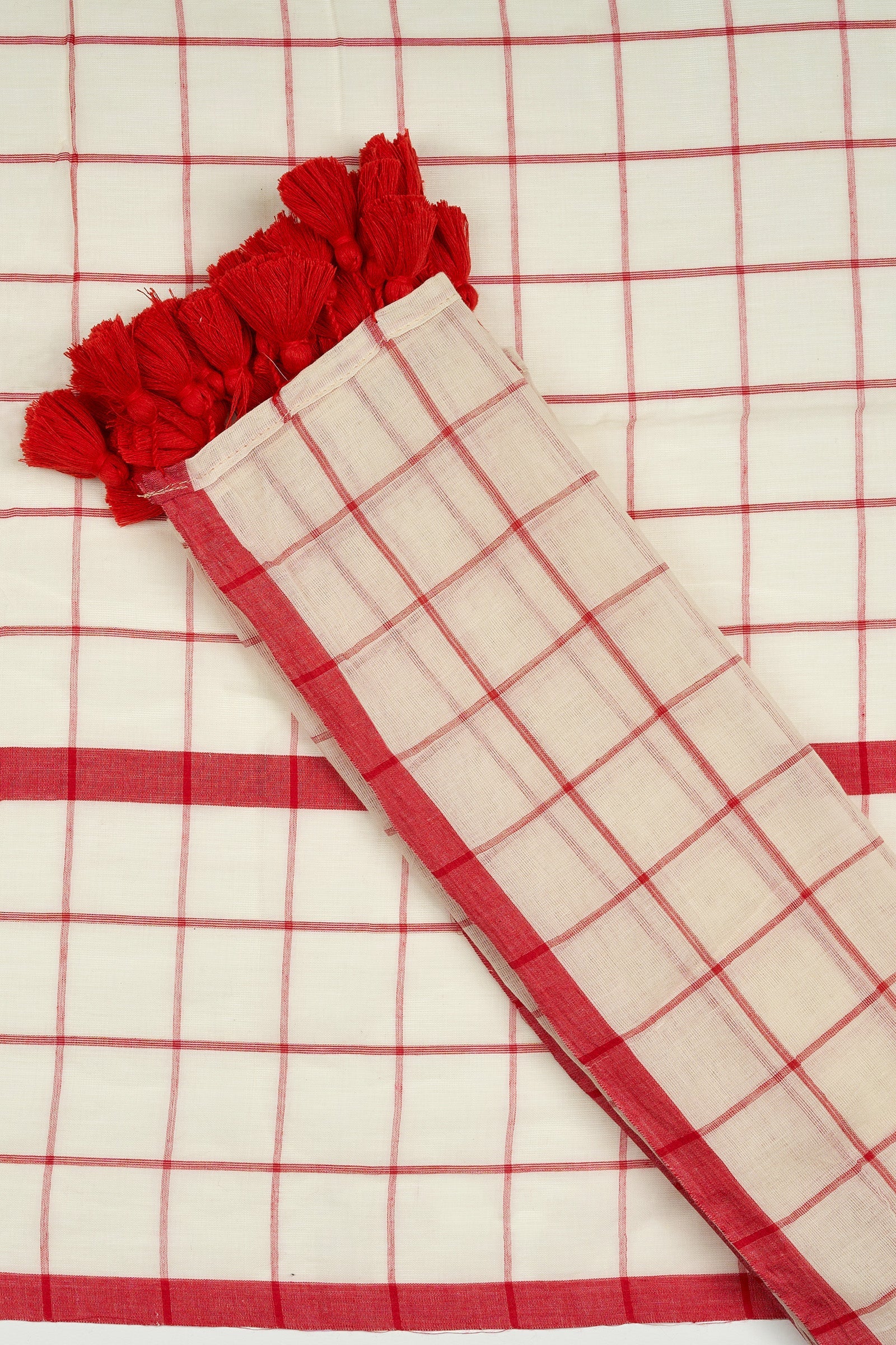Teejh Agomoni OffWhite & Red Cotton Saree