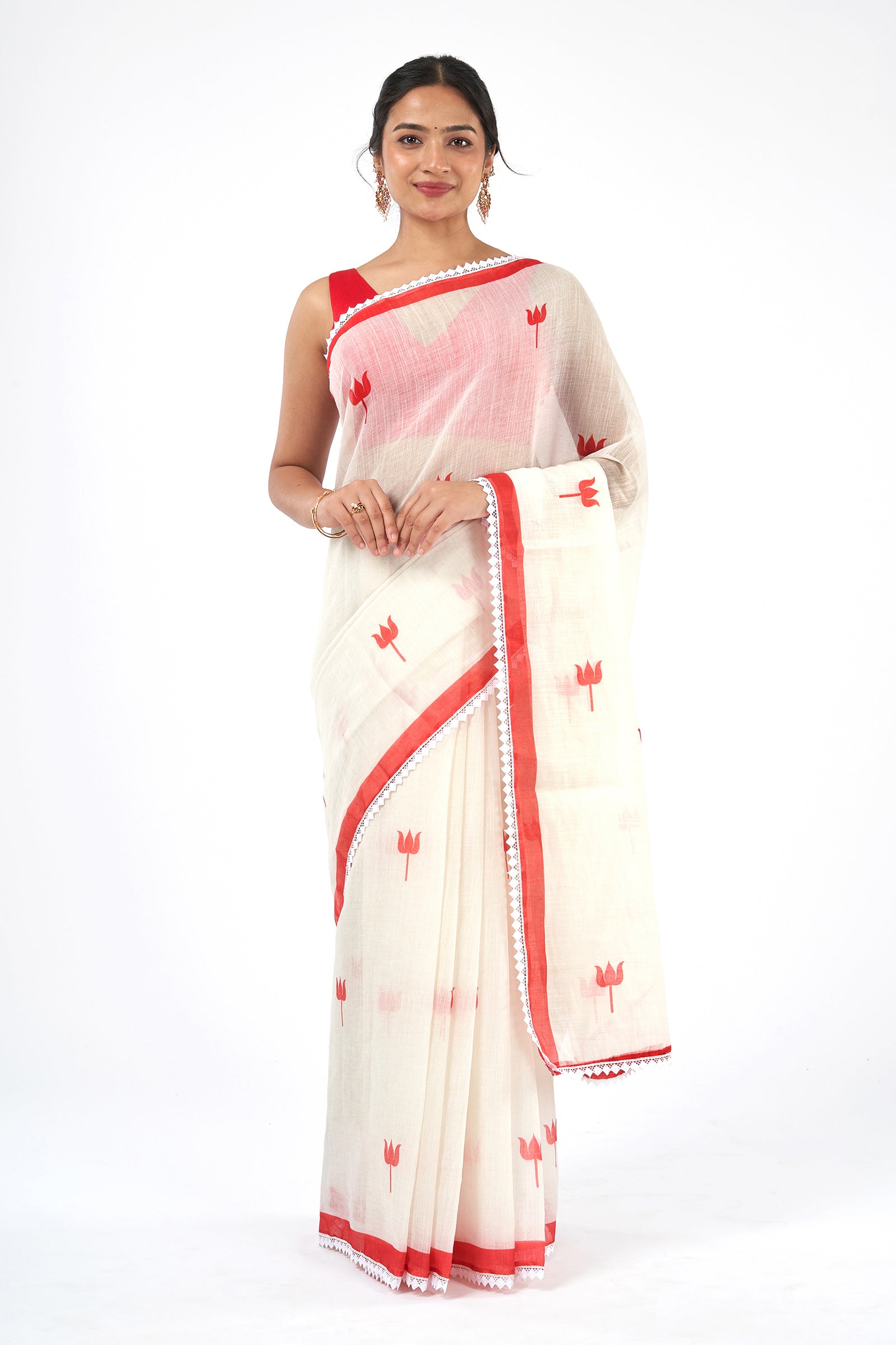 Teejh Navadurga OffWhite & Red Linen Saree