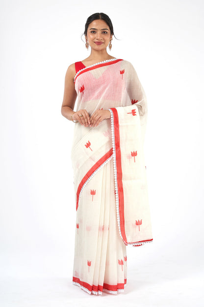 Teejh Navadurga OffWhite & Red Linen Saree