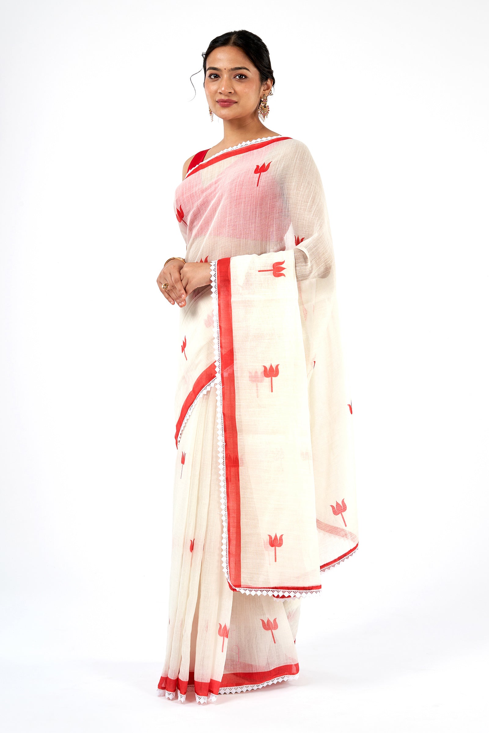 Teejh Navadurga OffWhite & Red Linen Saree