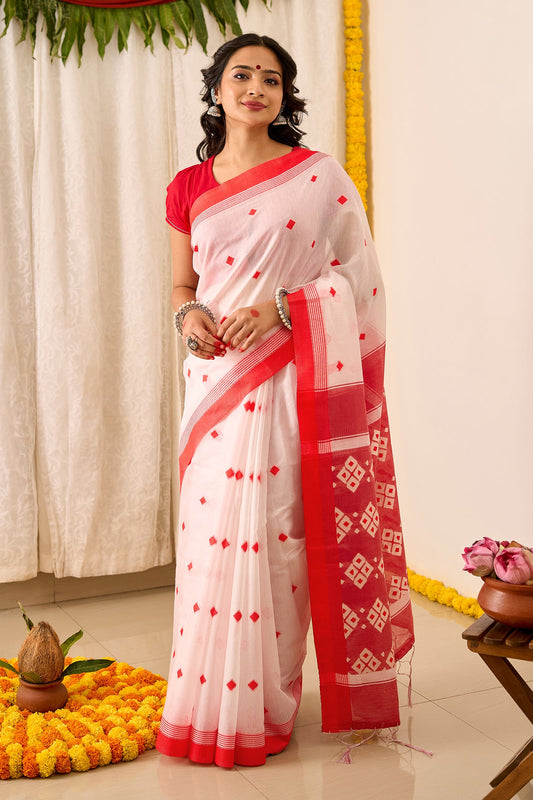 Teejh Shirodiya White & Red Cotton Saree