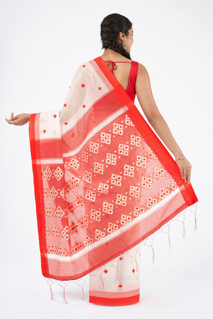Teejh Shirodiya White & Red Cotton Saree