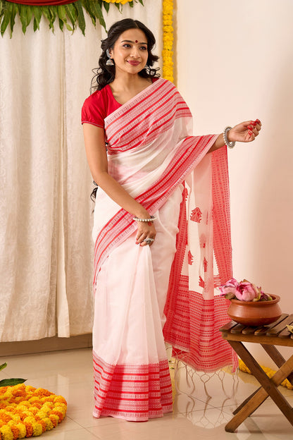 Teejh Anandini White & Red Cotton Saree