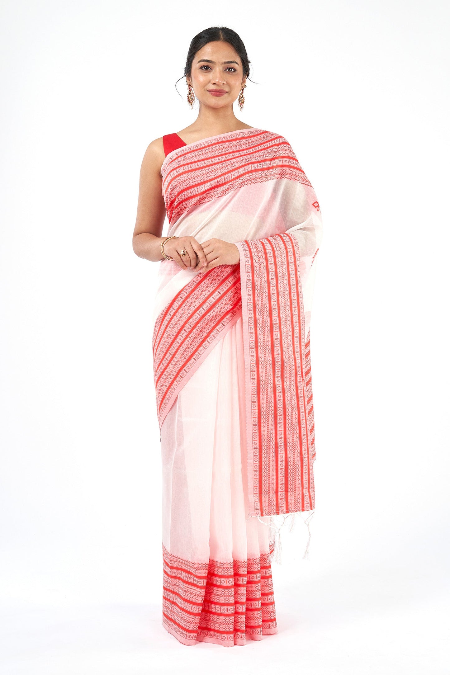 Teejh Anandini White & Red Cotton Saree