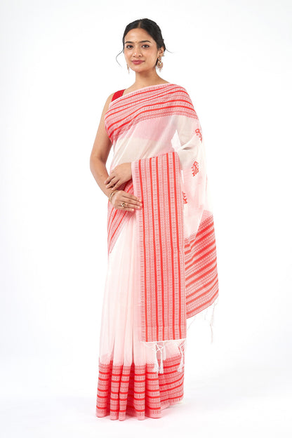 Teejh Anandini White & Red Cotton Saree