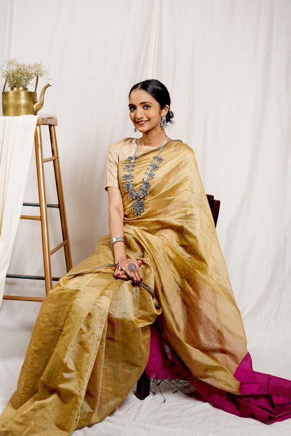 Teejh Luminous Golden and Pink Khadi Cotton Silk Saree