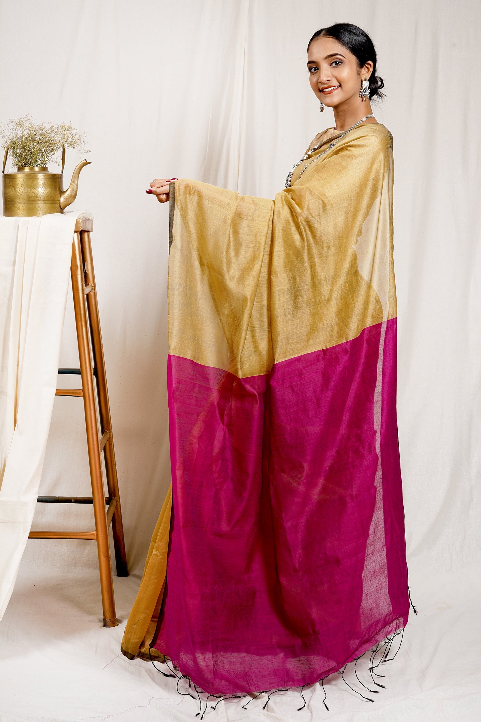 Teejh Luminous Golden and Pink Khadi Cotton Silk Saree