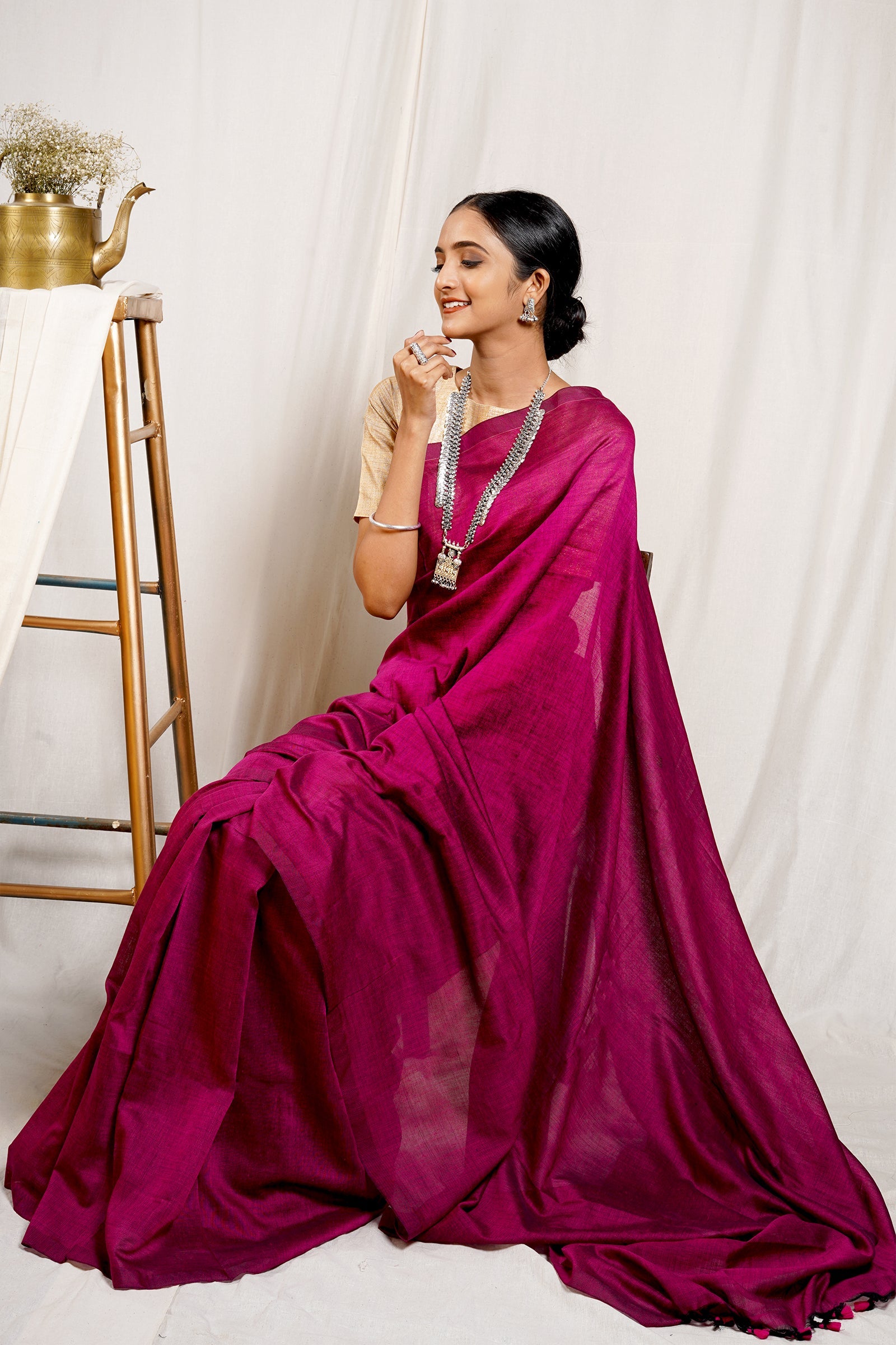 Teejh Boysenberry Mulmul Cotton Saree