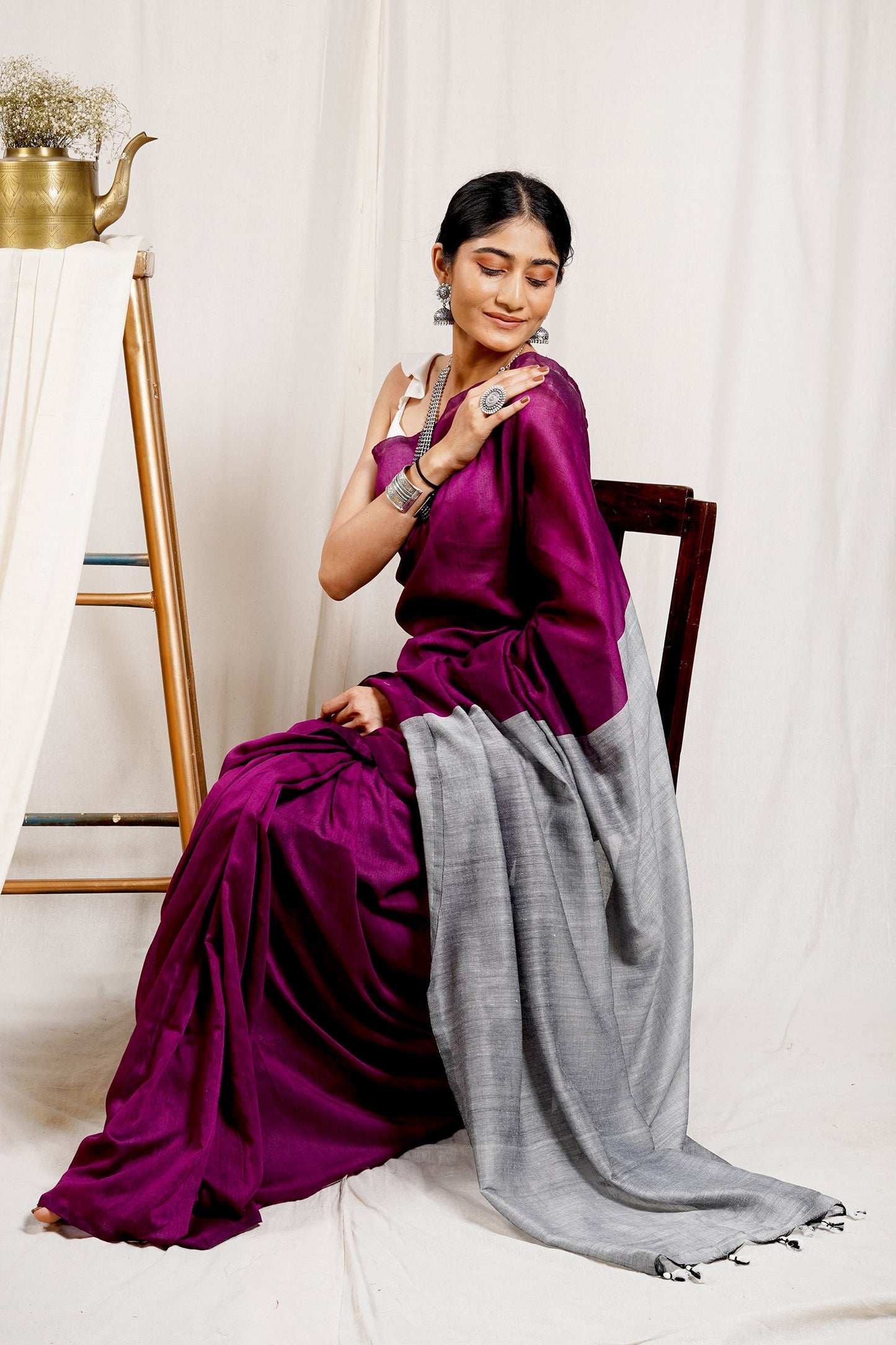Teejh Raisin Purple and Grey Mulmul Cotton Saree