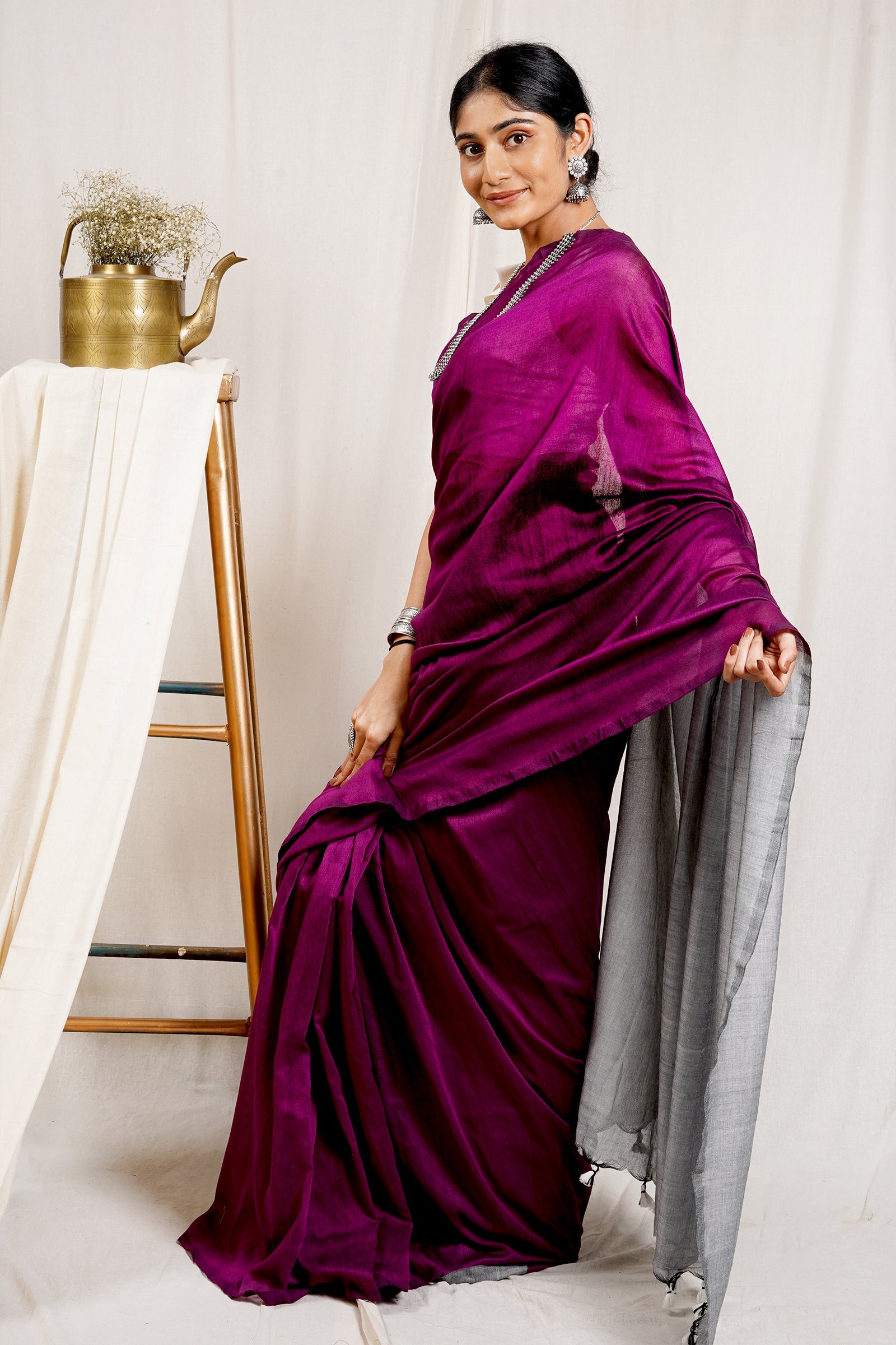 Teejh Raisin Purple and Grey Mulmul Cotton Saree