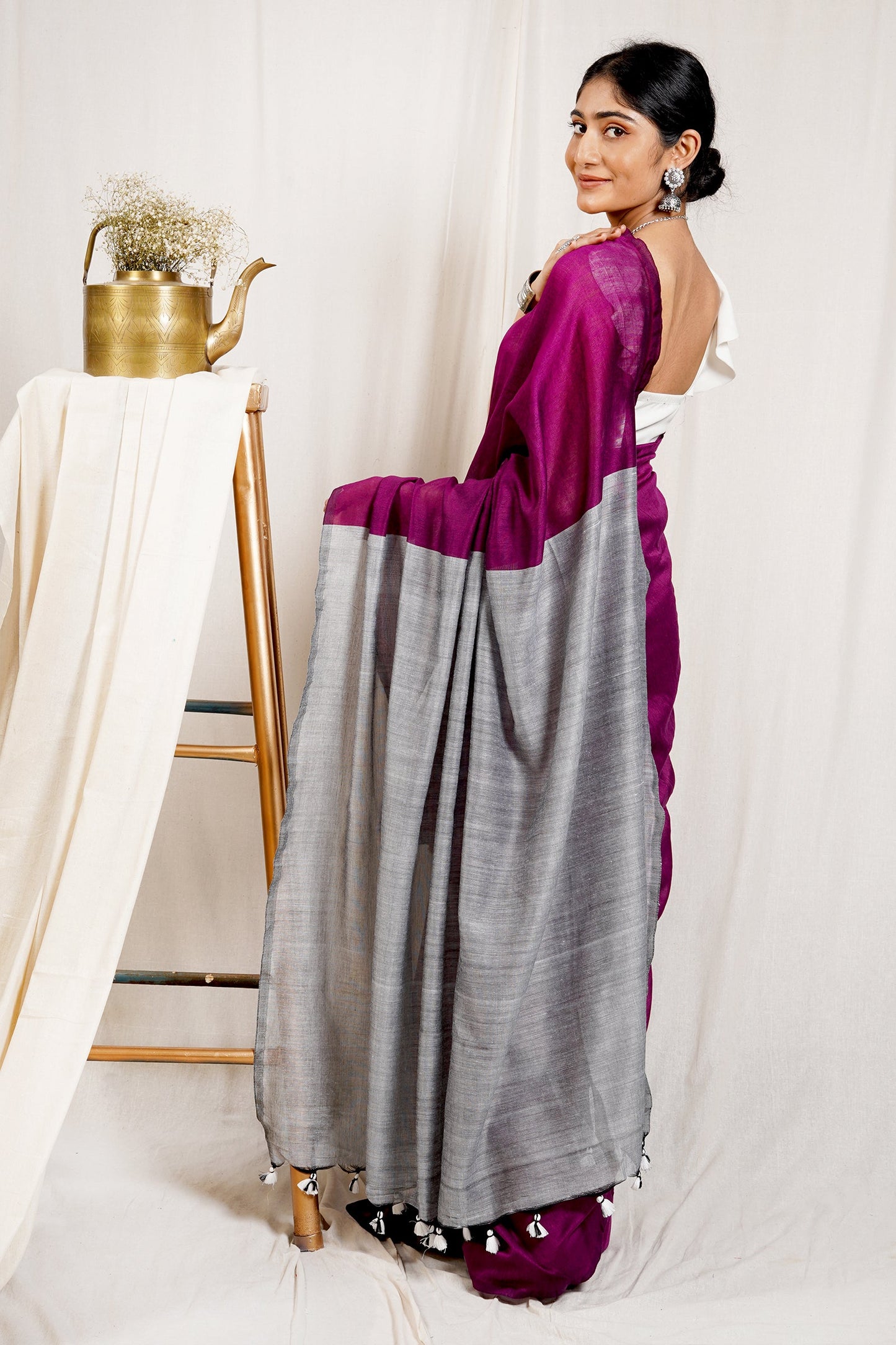 Teejh Raisin Purple and Grey Mulmul Cotton Saree
