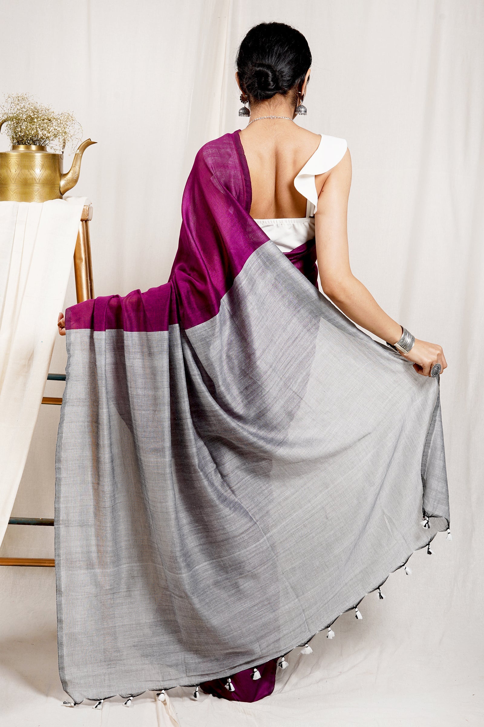 Teejh Raisin Purple and Grey Mulmul Cotton Saree