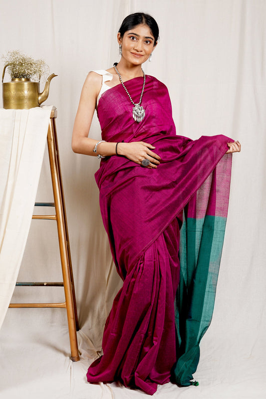 Teejh Carnation Pink and Green Mulmul Cotton Saree