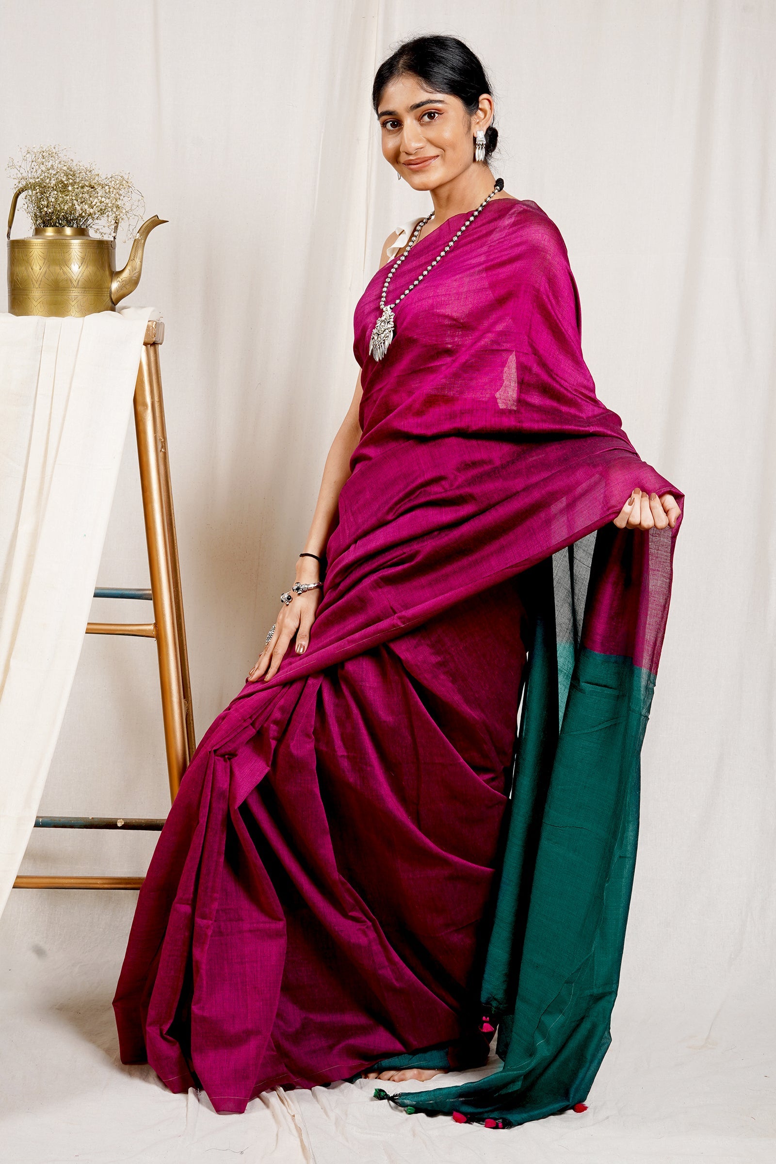 Teejh Carnation Pink and Green Mulmul Cotton Saree
