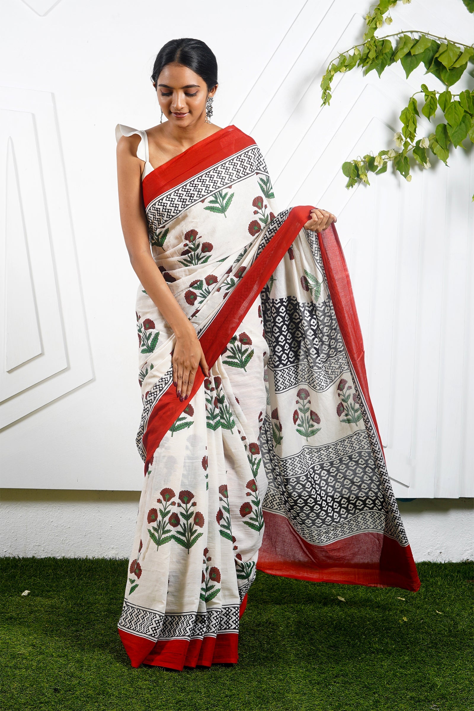 Teejh Poppy Beige and Red Hand Block Mulmul Cotton Saree