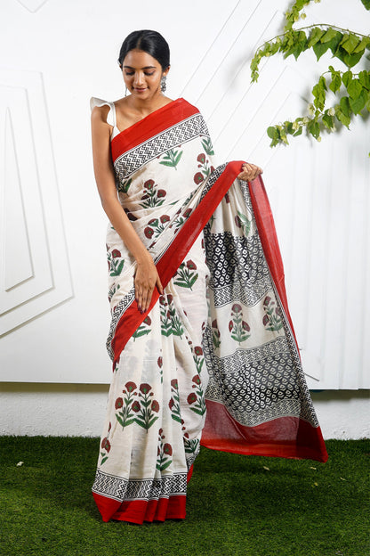 Teejh Poppy Beige and Red Hand Block Mulmul Cotton Saree