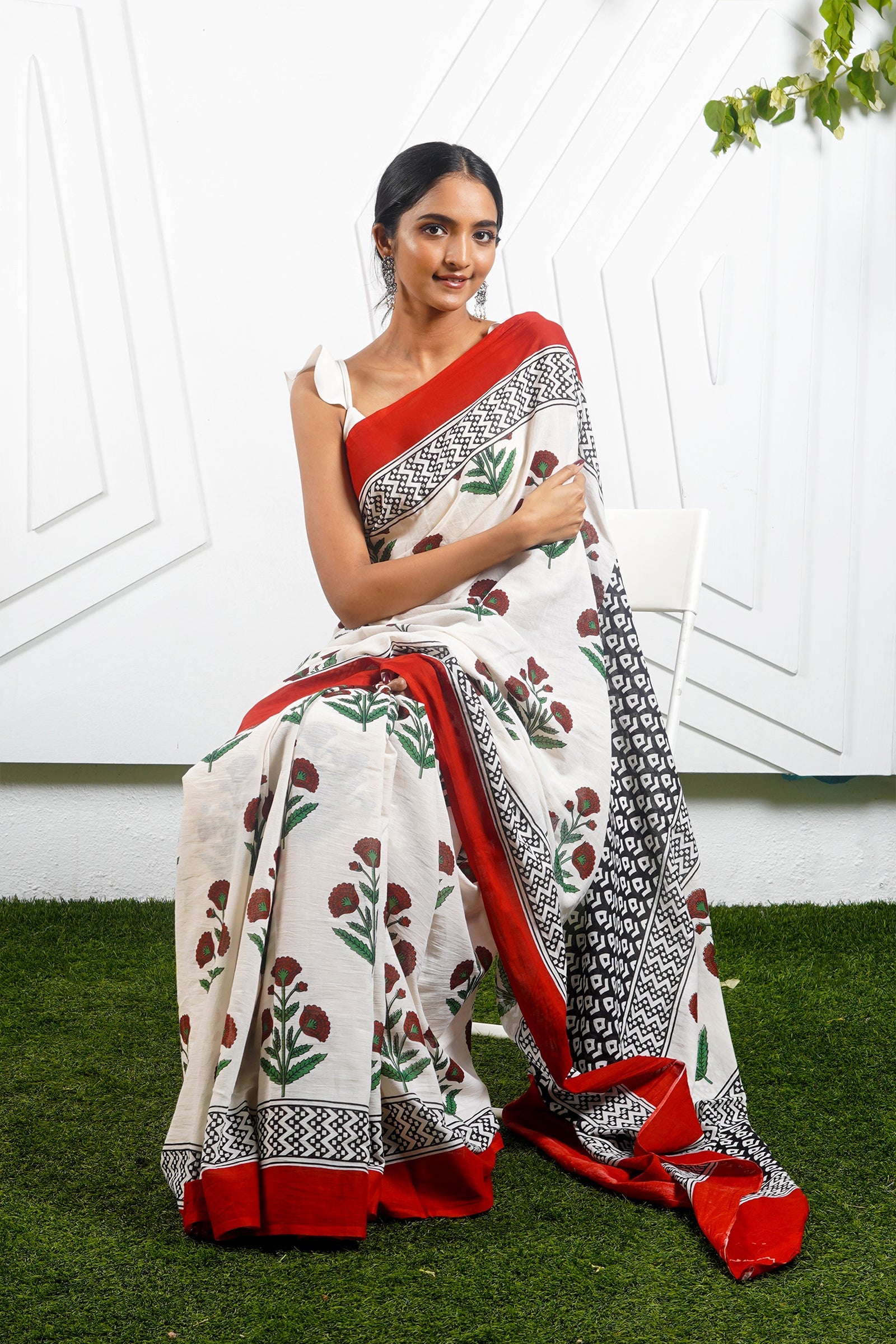 Teejh Poppy Beige and Red Hand Block Mulmul Cotton Saree