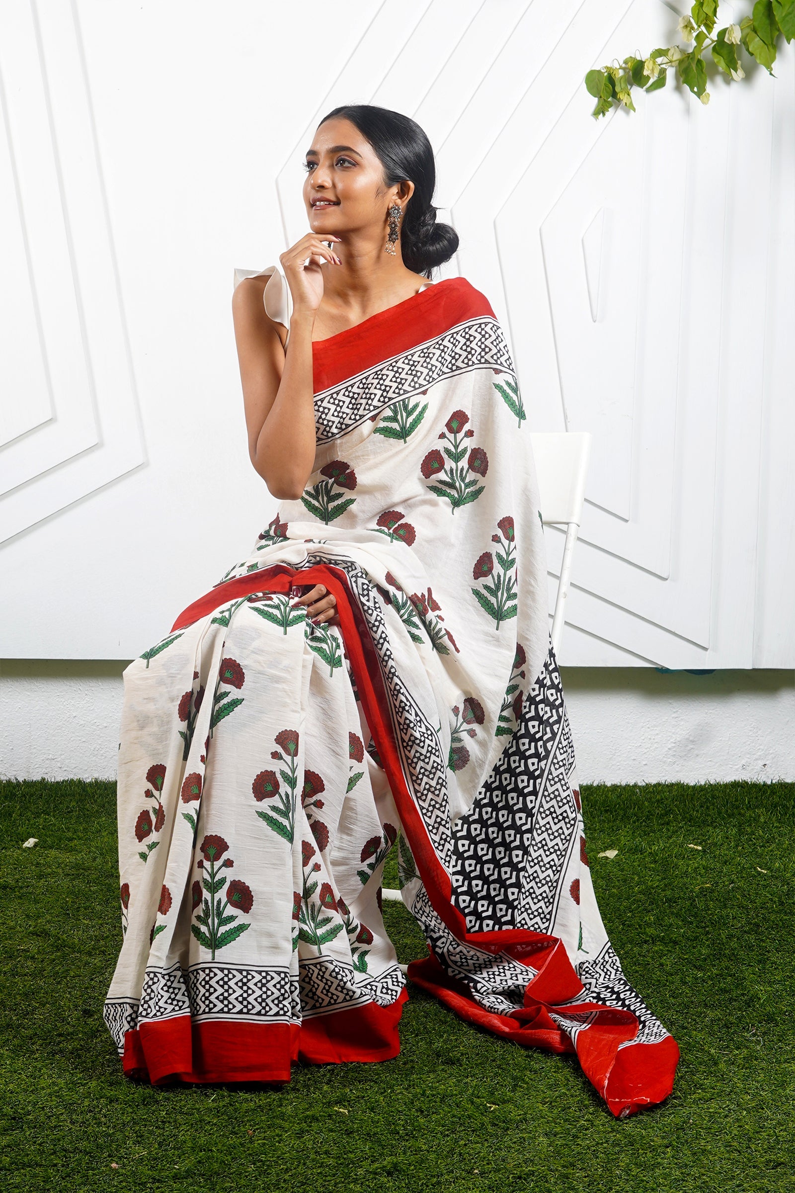 Teejh Poppy Beige and Red Hand Block Mulmul Cotton Saree