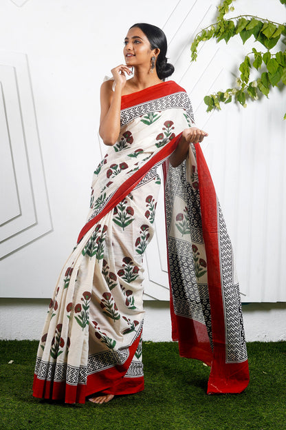 Teejh Poppy Beige and Red Hand Block Mulmul Cotton Saree