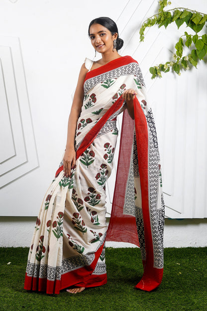 Teejh Poppy Beige and Red Hand Block Mulmul Cotton Saree