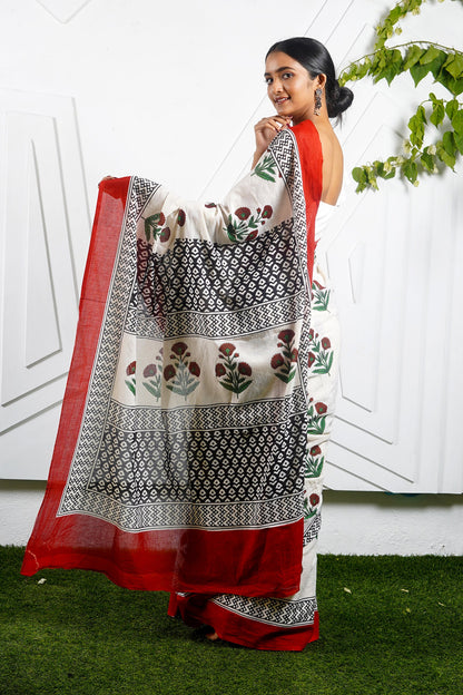 Teejh Poppy Beige and Red Hand Block Mulmul Cotton Saree