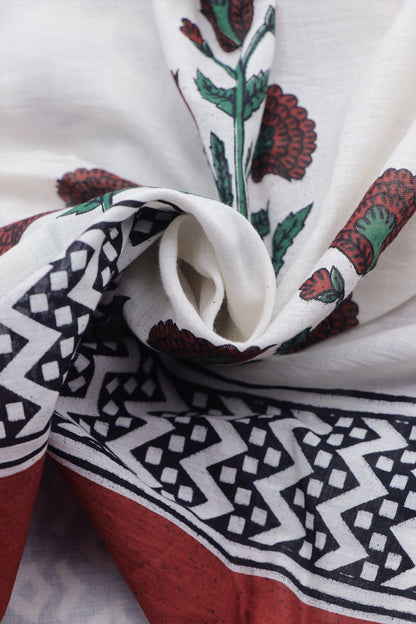 Teejh Poppy Beige and Red Hand Block Mulmul Cotton Saree