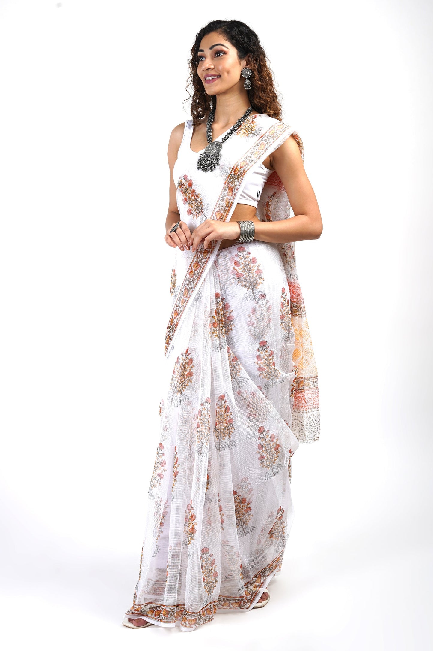 Teejh Veena White and Orange Kota Saree With Blouse Piece