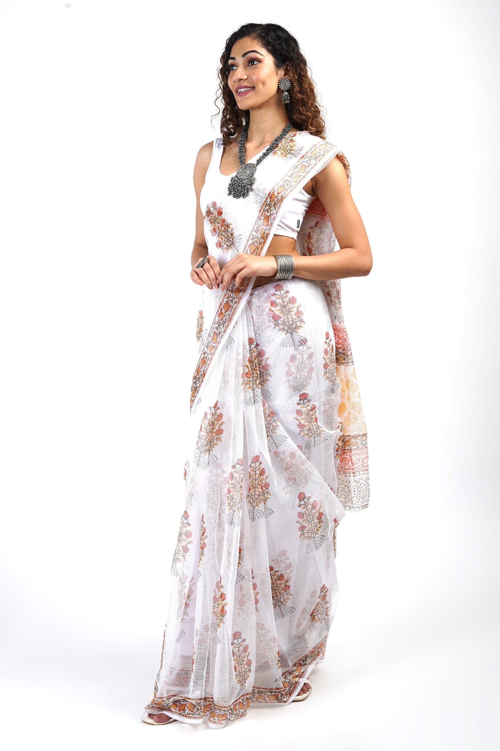 Teejh Veena White and Orange Kota Saree With Blouse Piece
