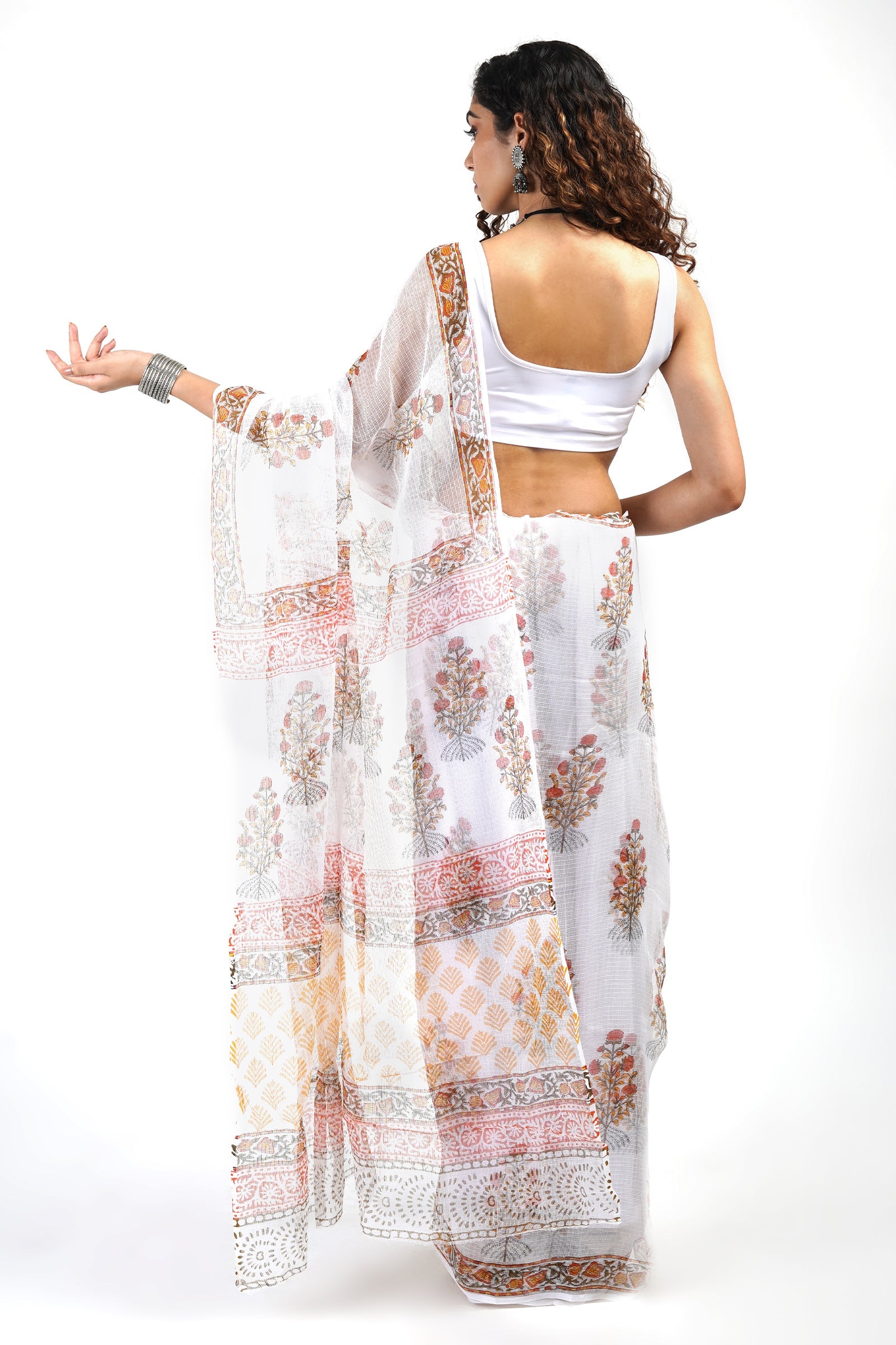 Teejh Veena White and Orange Kota Saree With Blouse Piece