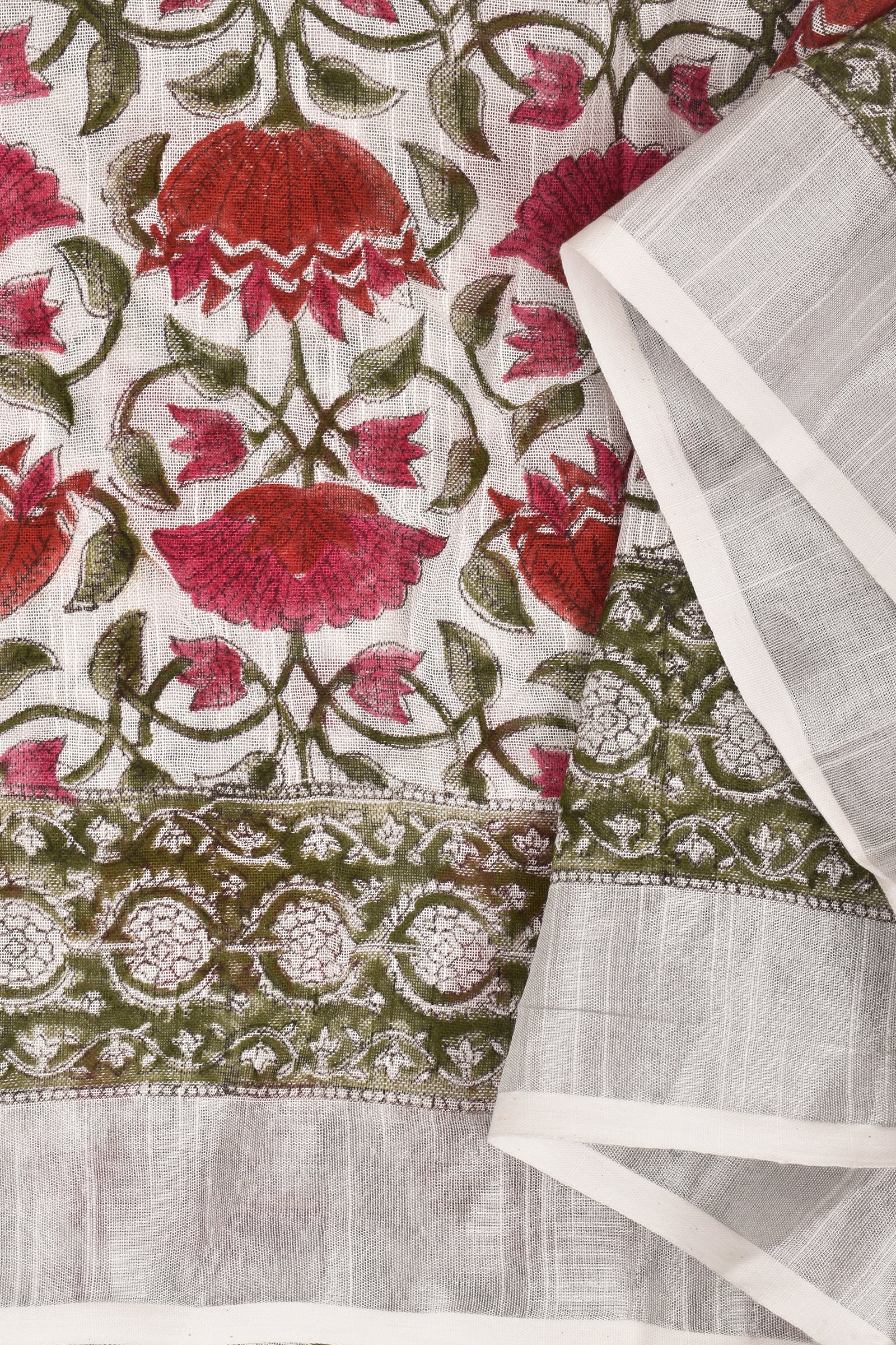 Teejh Aaria Pink and White Linen Hand Block Saree With Blouse Piece
