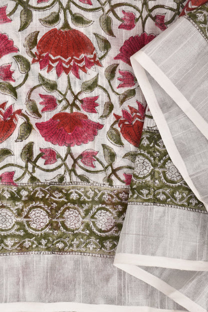 Teejh Aaria Pink and White Linen Hand Block Saree With Blouse Piece