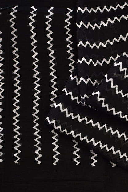 Teejh Urmika Black Block Print Cotton Saree With Blouse Piece