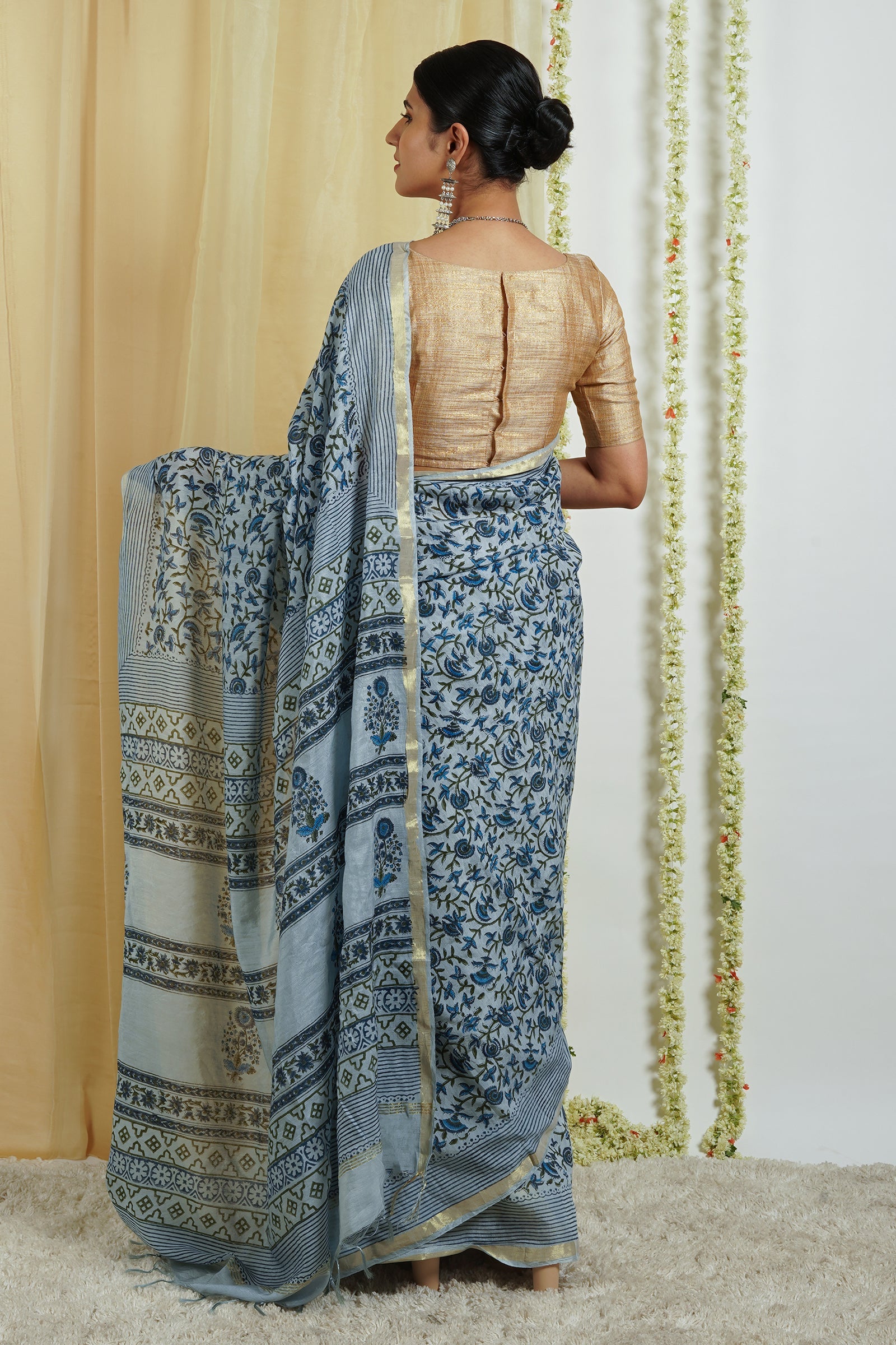 Teejh Chhaya Light Blue Block Print Chanderi Cotton Saree With Blouse Piece