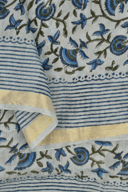 Teejh Chhaya Light Blue Block Print Chanderi Cotton Saree With Blouse Piece