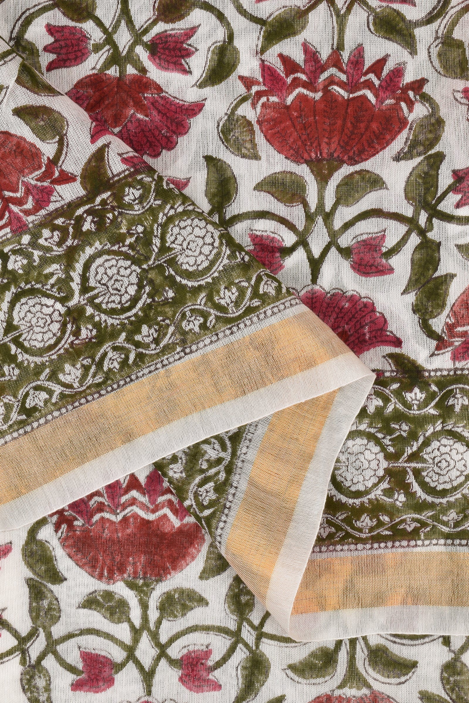 Teejh Vyakhya White and Pink Block Print Chanderi Cotton Saree With Blouse Piece
