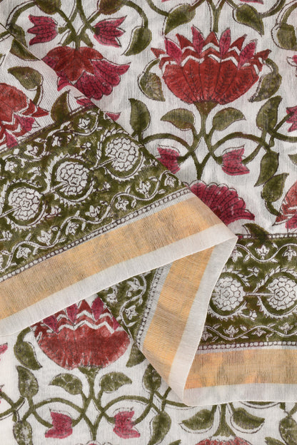 Teejh Vyakhya White and Pink Block Print Chanderi Cotton Saree With Blouse Piece