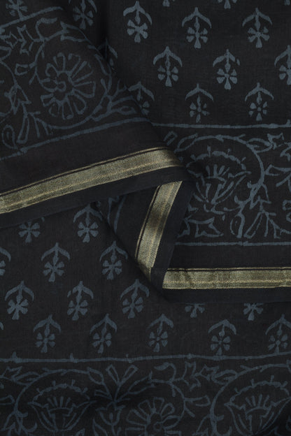 Teejh Nyra Black Block Print Chanderi Silk Saree With Blouse Piece
