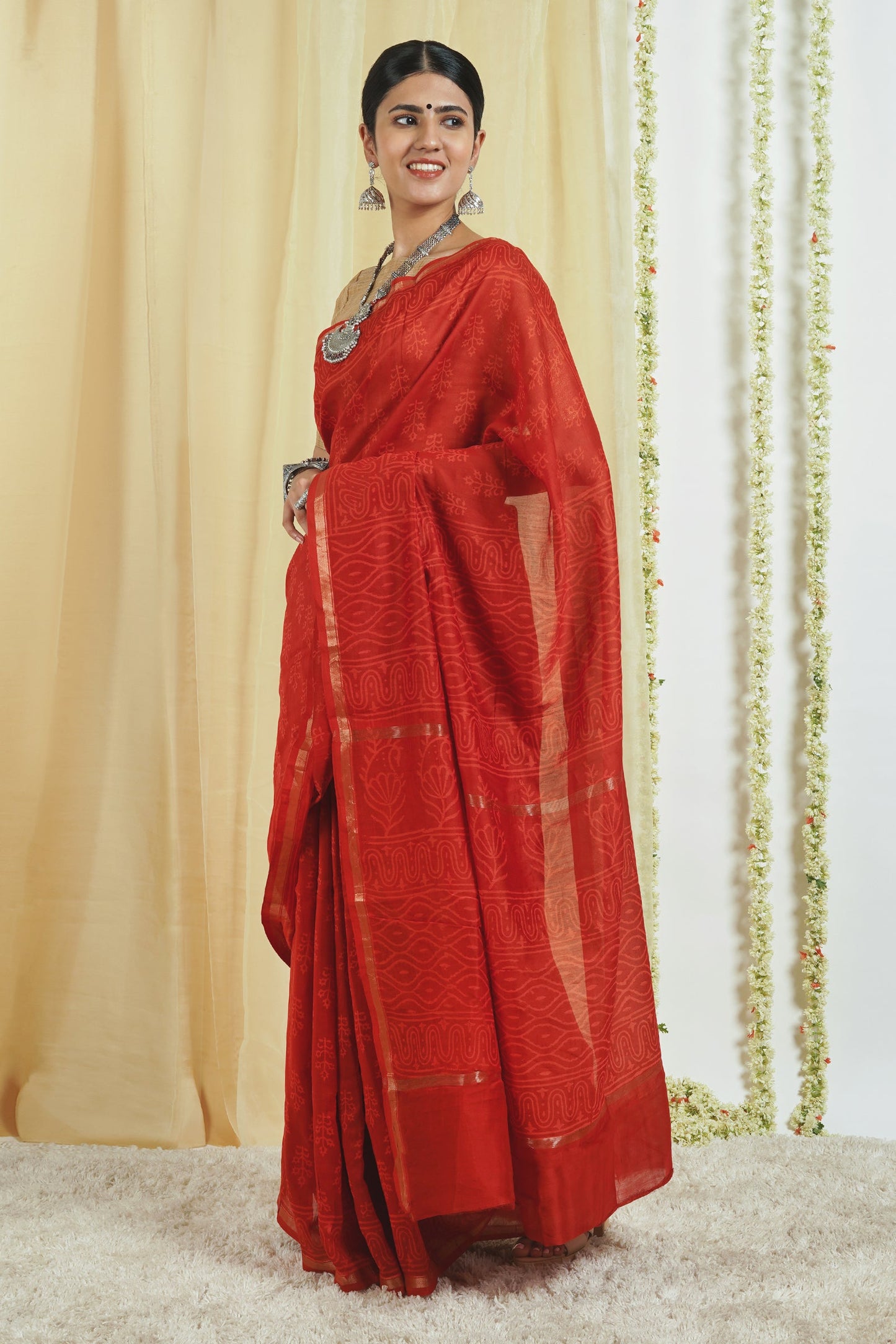 Teejh Trinetra Red Block Print Chanderi Silk Saree With Blouse Piece