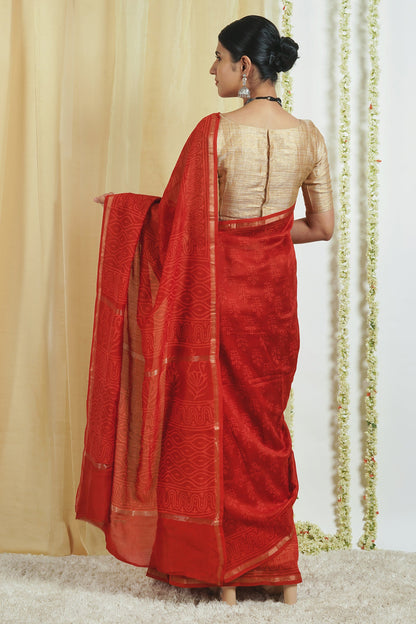Teejh Trinetra Red Block Print Chanderi Silk Saree With Blouse Piece