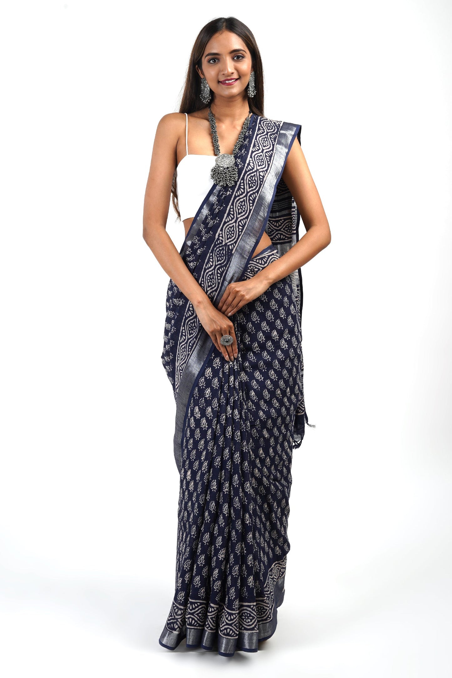Teejh Meira Indigo Block Print Linen Saree With Blouse Piece
