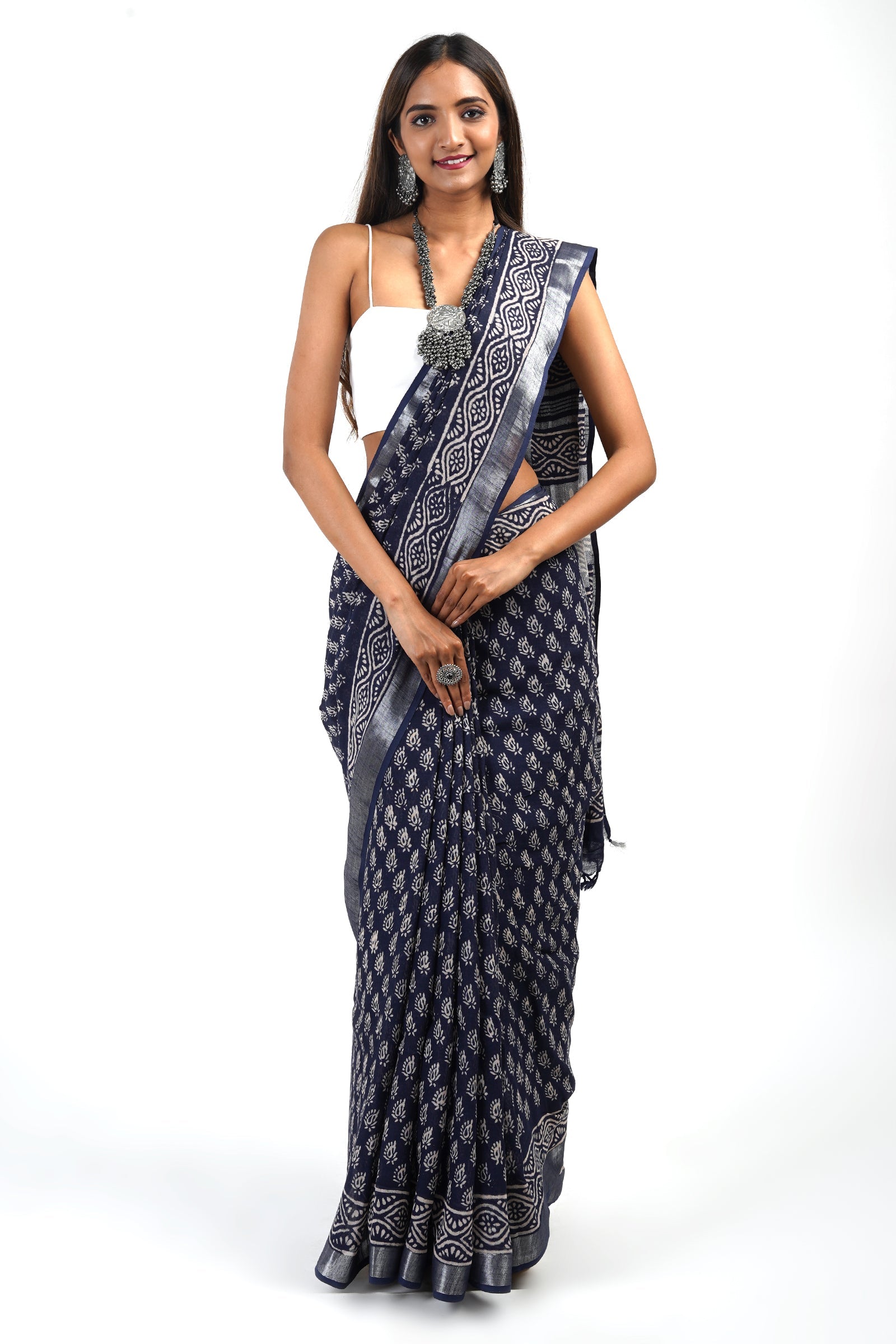 Teejh Meira Indigo Block Print Linen Saree With Blouse Piece