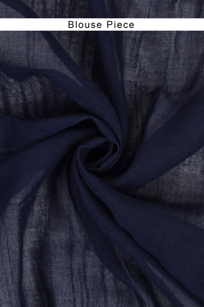 Teejh Meira Indigo Block Print Linen Saree With Blouse Piece