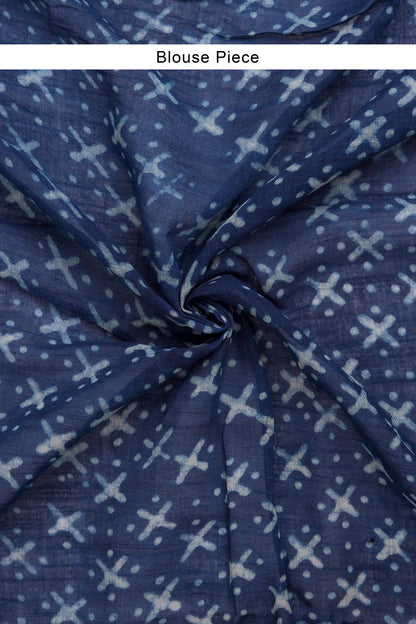 Teejh Aakash Indigo Block Print Linen Saree With Blouse Piece