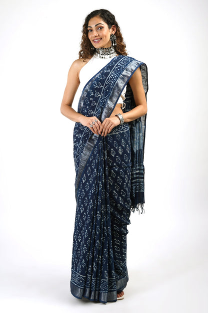 Teejh Aakash Indigo Block Print Linen Saree With Blouse Piece