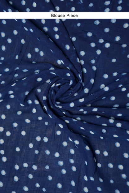 Teejh Aprajitha Indigo Block Print Linen Cotton Saree With Blouse Piece