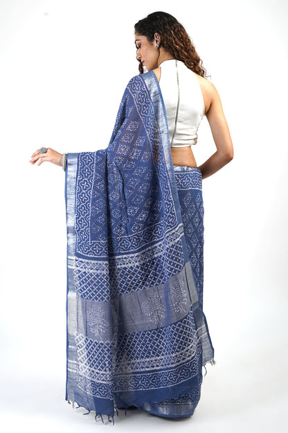 Teejh Aasmani Blue Block Print Linen Cotton Saree With Blouse Piece