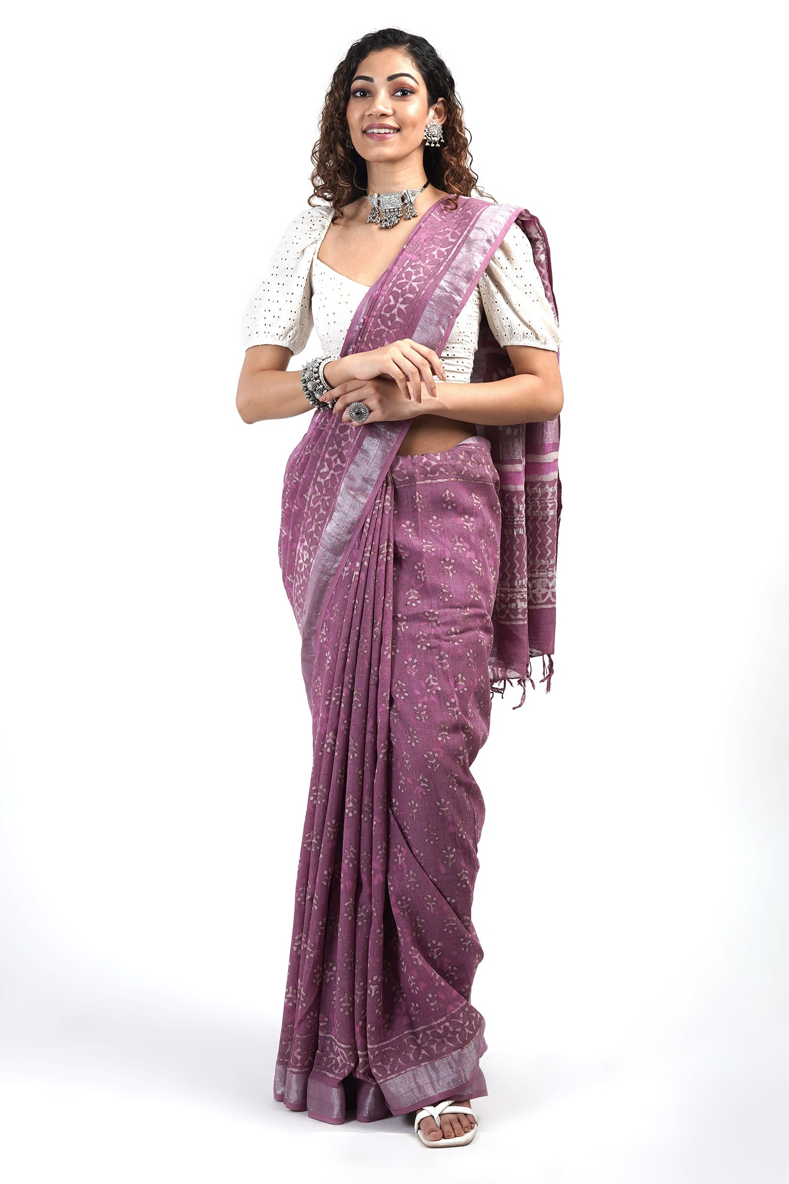 Teejh Tint of Tulip Block Print Linen Cotton Saree With Blouse Piece