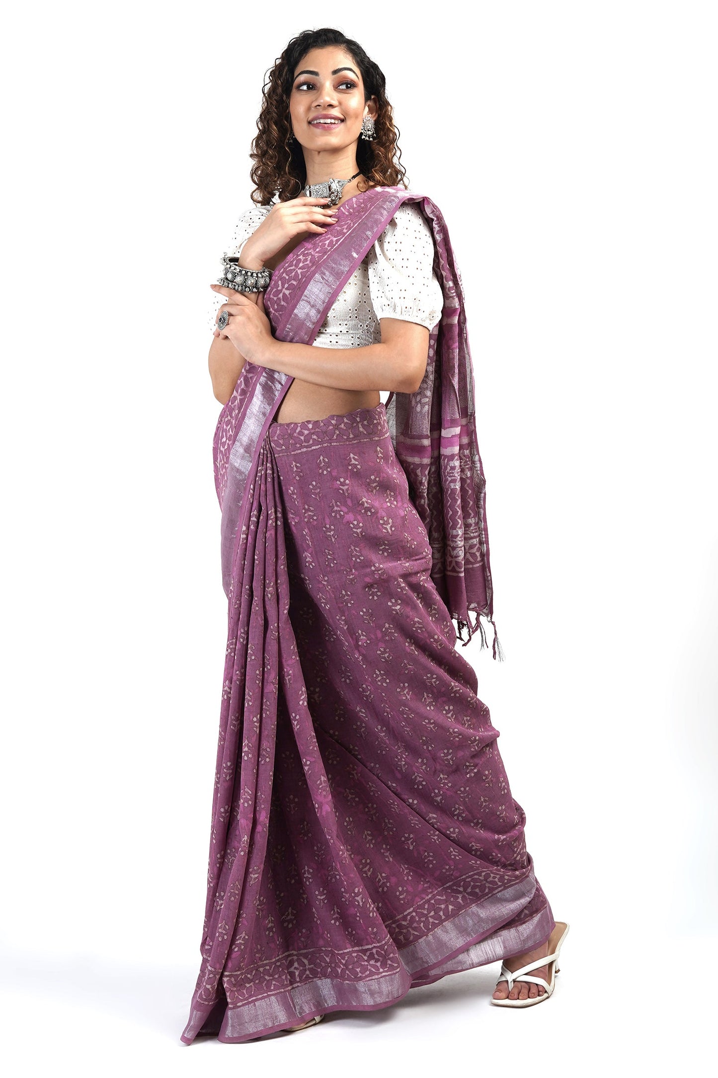 Teejh Tint of Tulip Block Print Linen Cotton Saree With Blouse Piece