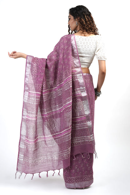 Teejh Tint of Tulip Block Print Linen Cotton Saree With Blouse Piece