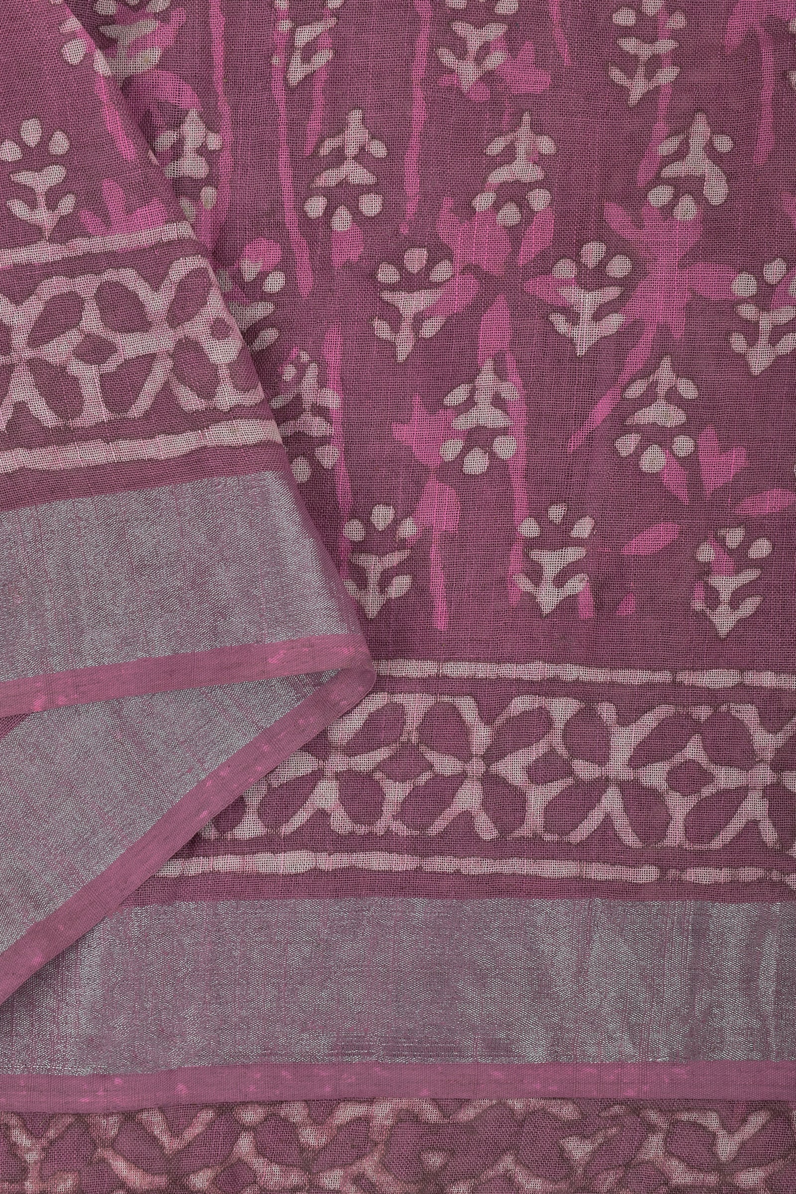 Teejh Tint of Tulip Block Print Linen Cotton Saree With Blouse Piece